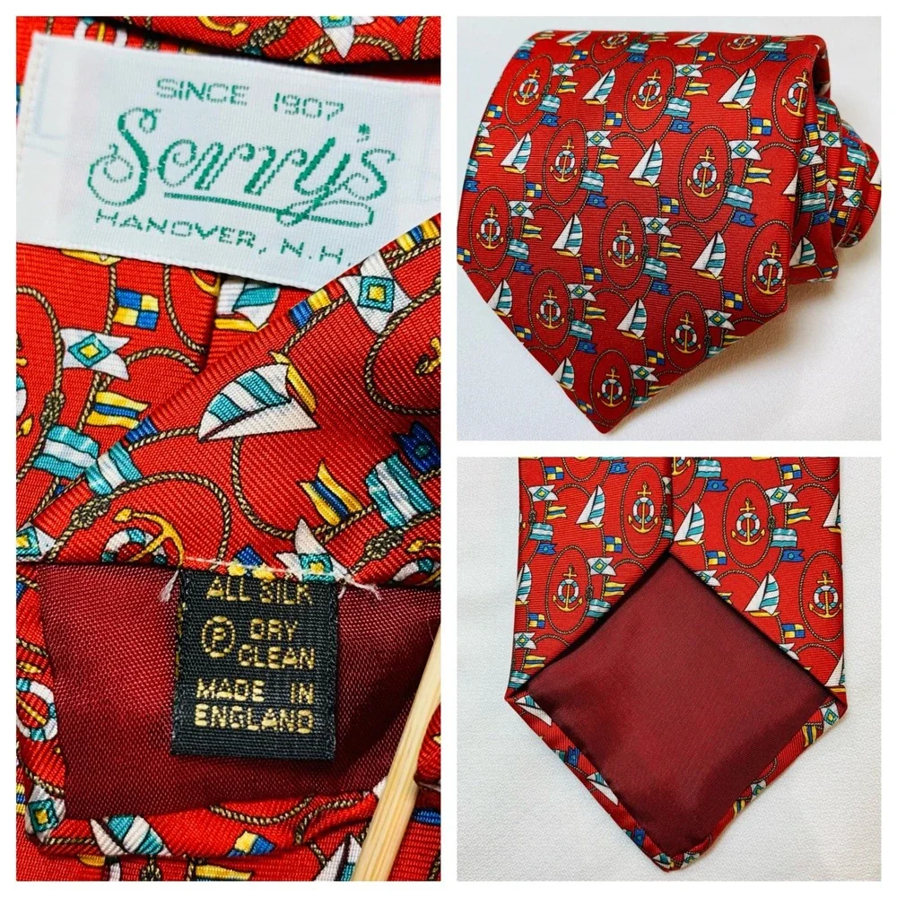 Serry's Necktie All Silk Made in England Nautical Anchor Sailboat Pattern Preppy